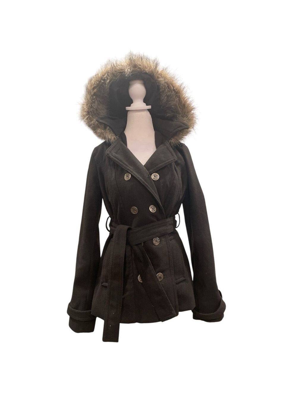 River Island Wool-Blend Belted Coat w/ Faux Fur Hood M | Black Military Style - Picture 2 of 9